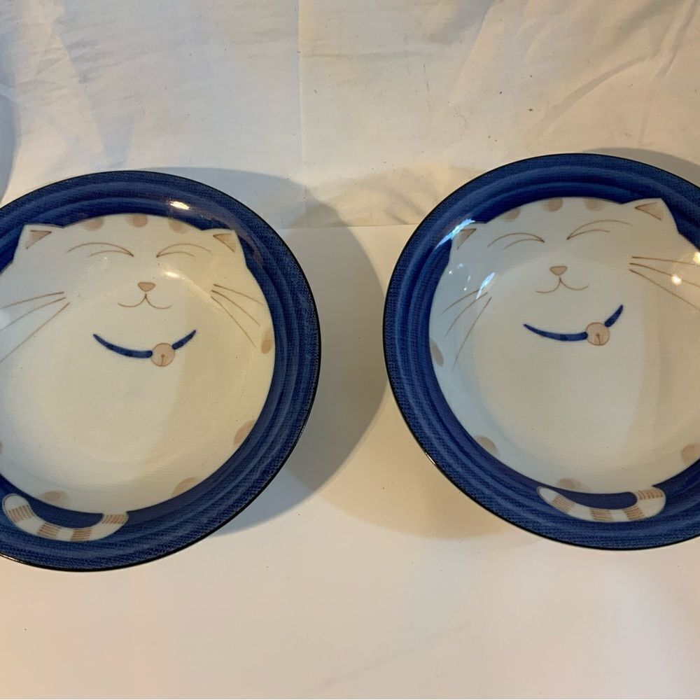 Fat Happy Cat China Plates Sousaku Japan Blue + White+Beige 8"